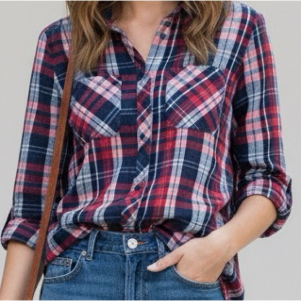 Eddie Bauer Red Navy Plaid Button Down Shirt Long Sleeve XS